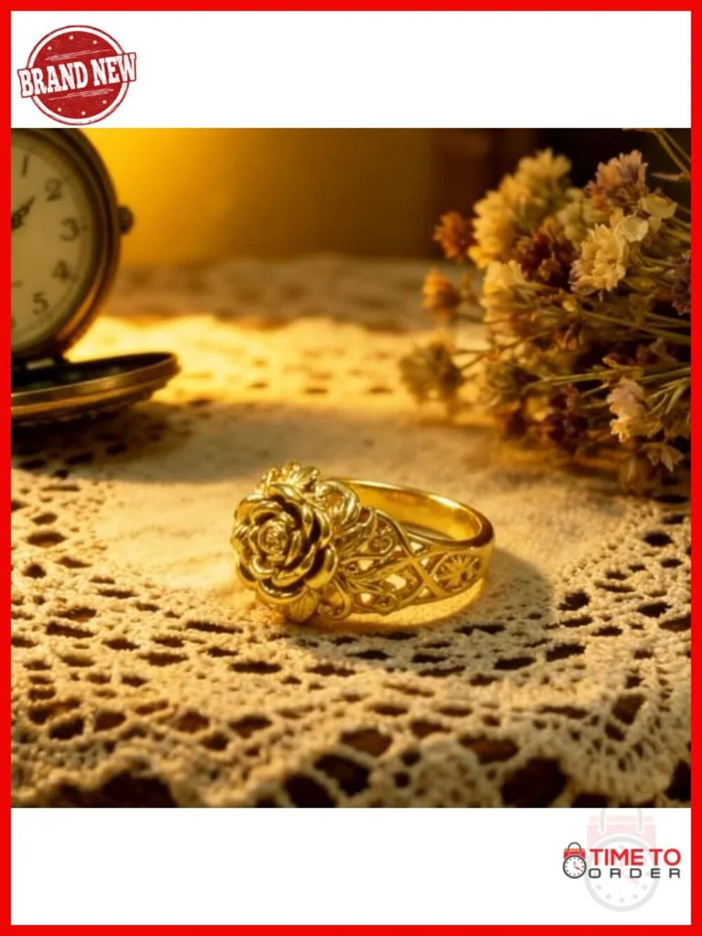 925 Sterling Silver Gold Plated Rose Ring Dainty Vintage Filigree 3D Floral Band
